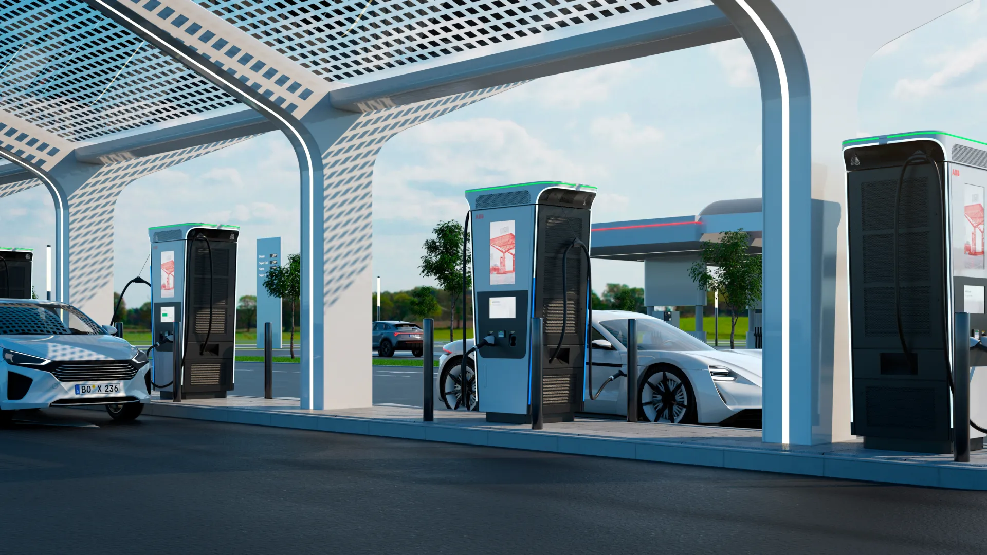 3D render of a EV charging station with cars charging.