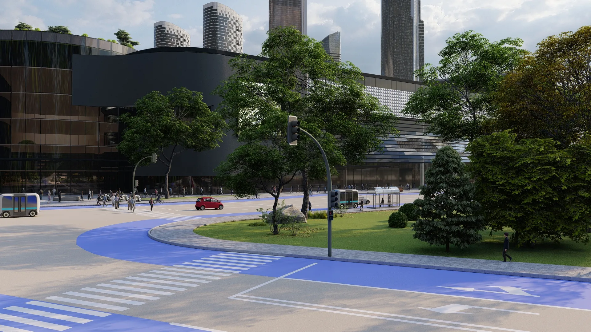 3D render of the corner of the road with EV cars driving.