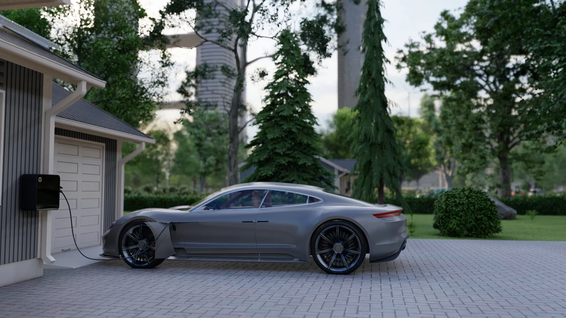3D render of EV car charging at home.