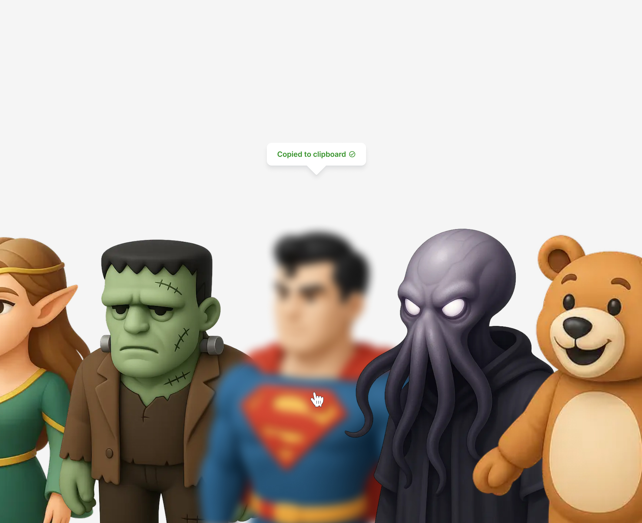 Cartoon characters including a green Frankenstein monster, an elf wearing green, an octopus-like figure with glowing eyes in a dark cloak, a happy brown teddy bear, and a blurred figure resembling Superman.