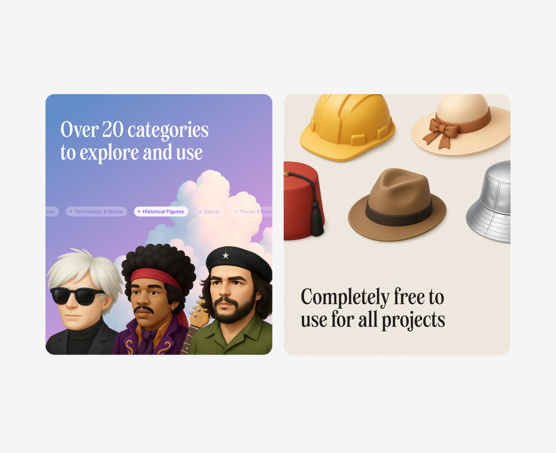 Two panels: left shows three illustrated historical figures under text 'Over 20 categories to explore and use'; right shows various hats including a hard hat, sun hat, fez, fedora, and bucket hat with text 'Completely free to use for all projects'.