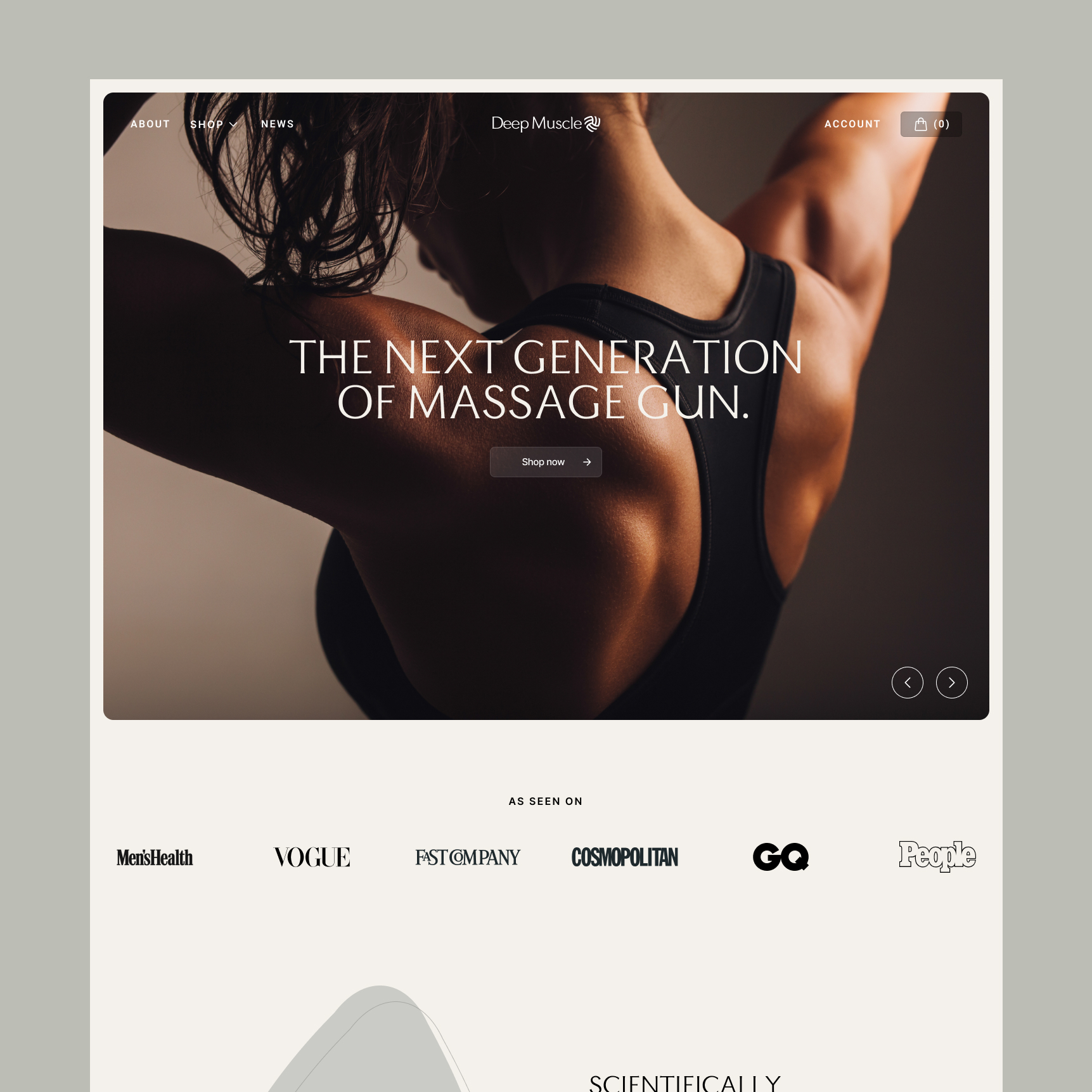 Muscular person in black tank top shown from back with text promoting the next generation of massage gun.