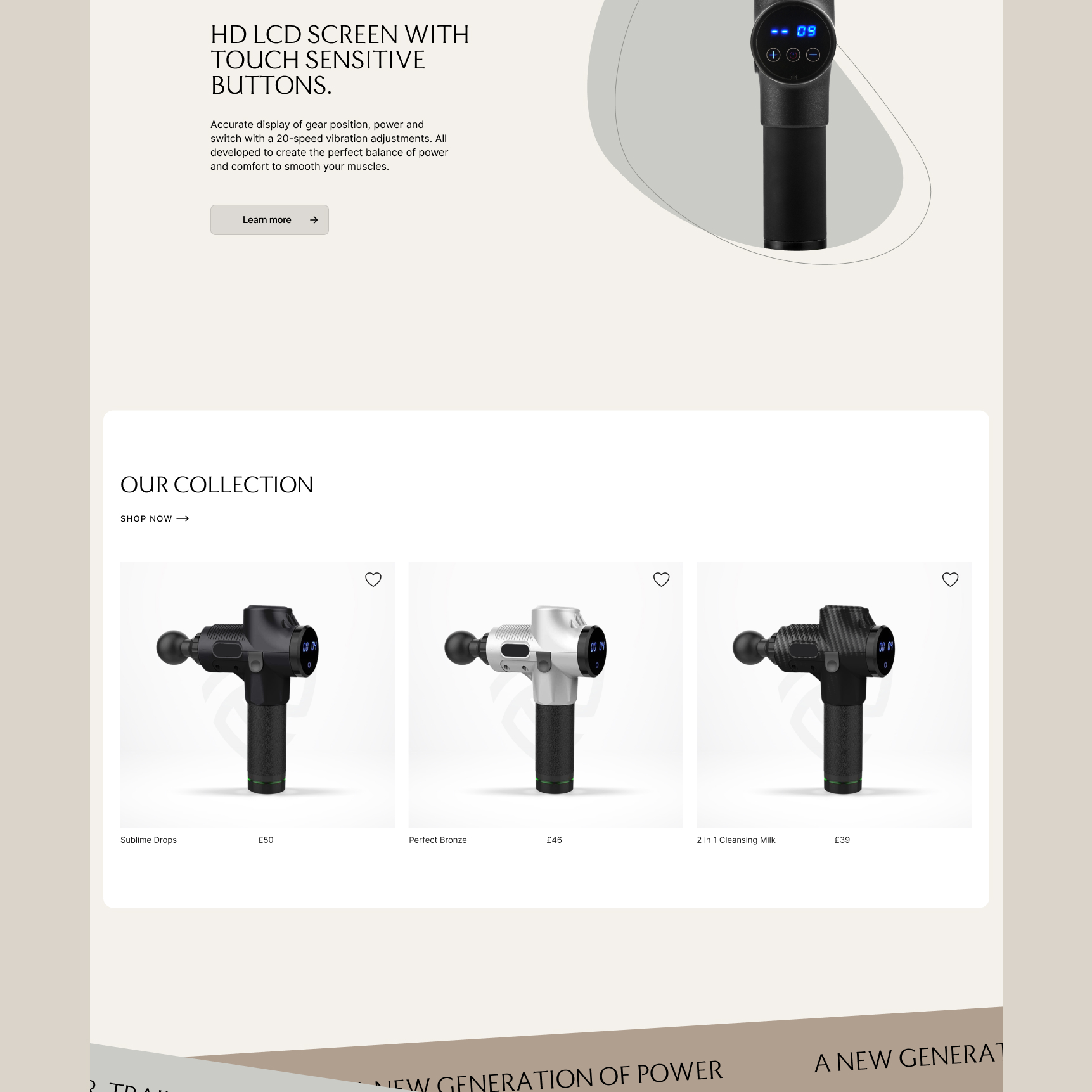 Three models of massage guns with HD LCD touch screens displayed in black, silver, and carbon fiber finishes, each showing price and name below.