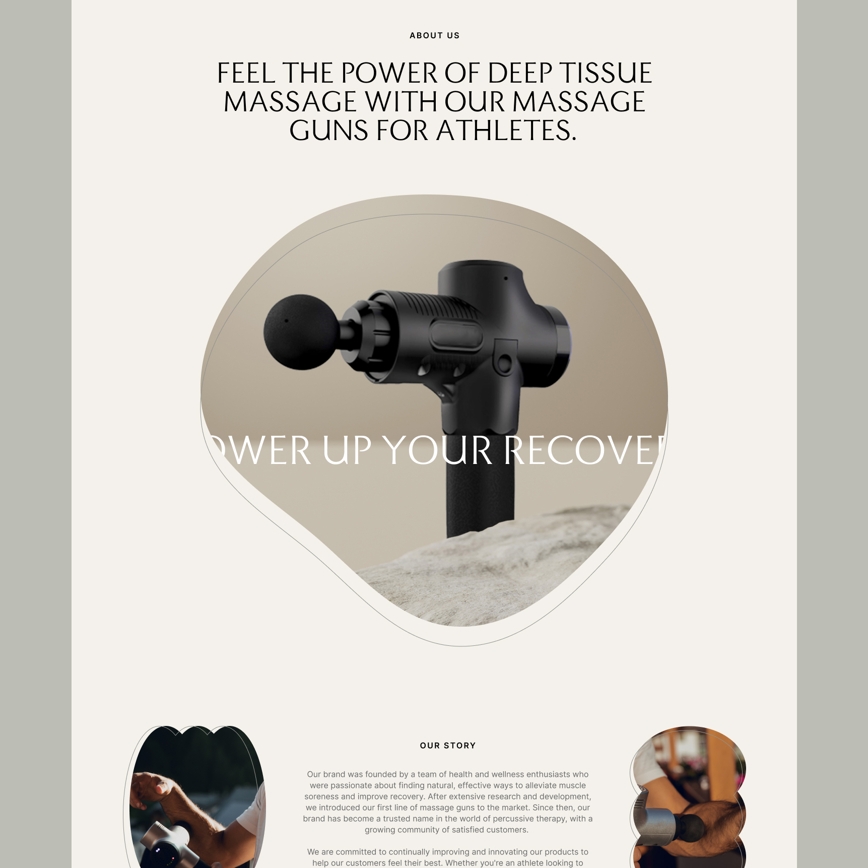 Black massage gun with a round attachment on a rock surface, promoting deep tissue massage for athletes.