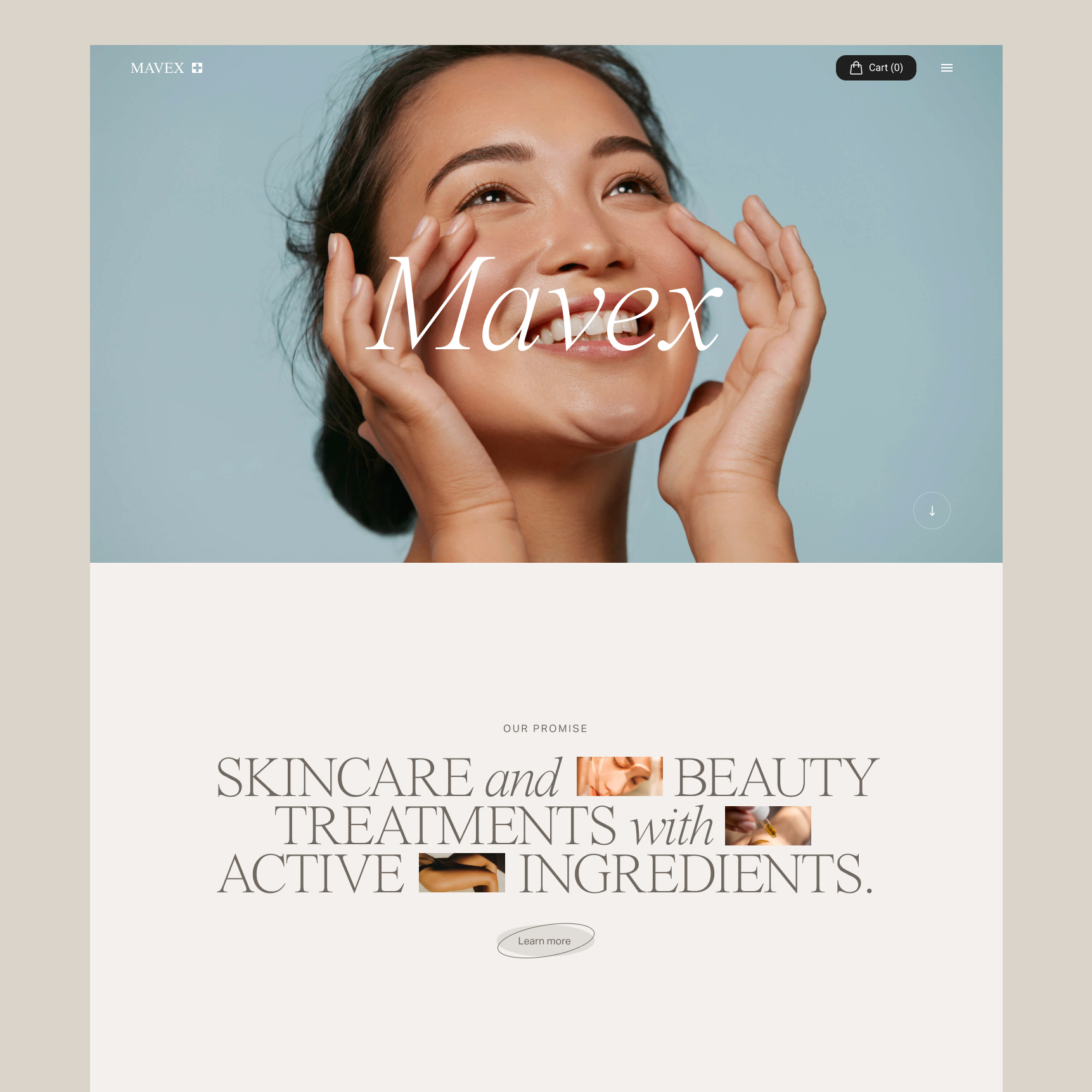 Smiling woman touching her face with hands against a light blue background, with text overlay 'Mavex' and a skincare and beauty treatments message below.
