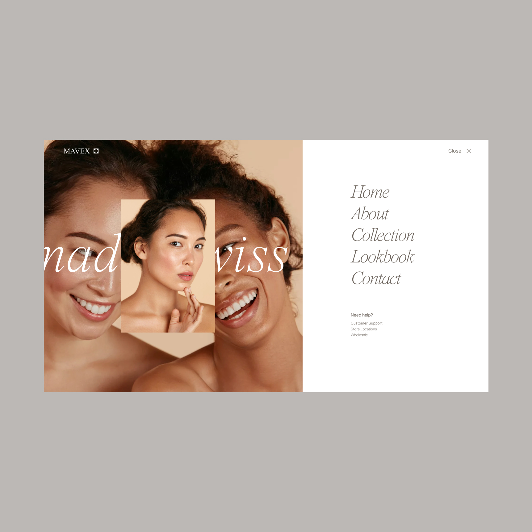 Website menu overlay with three smiling women on the left and navigation links Home, About, Collection, Lookbook, Contact on the right.