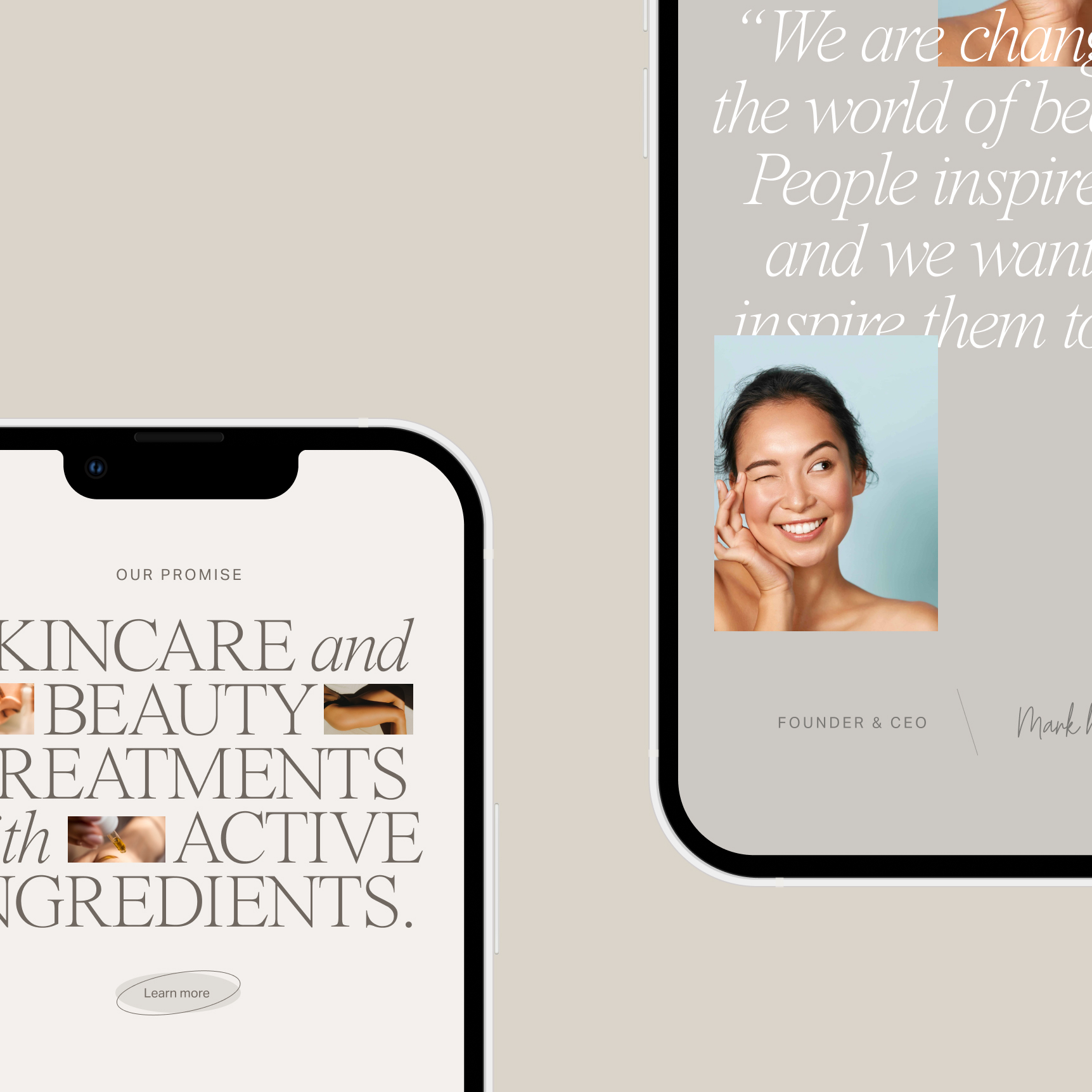 Partial view of two smartphone screens displaying a skincare website with text and smiling woman winking.