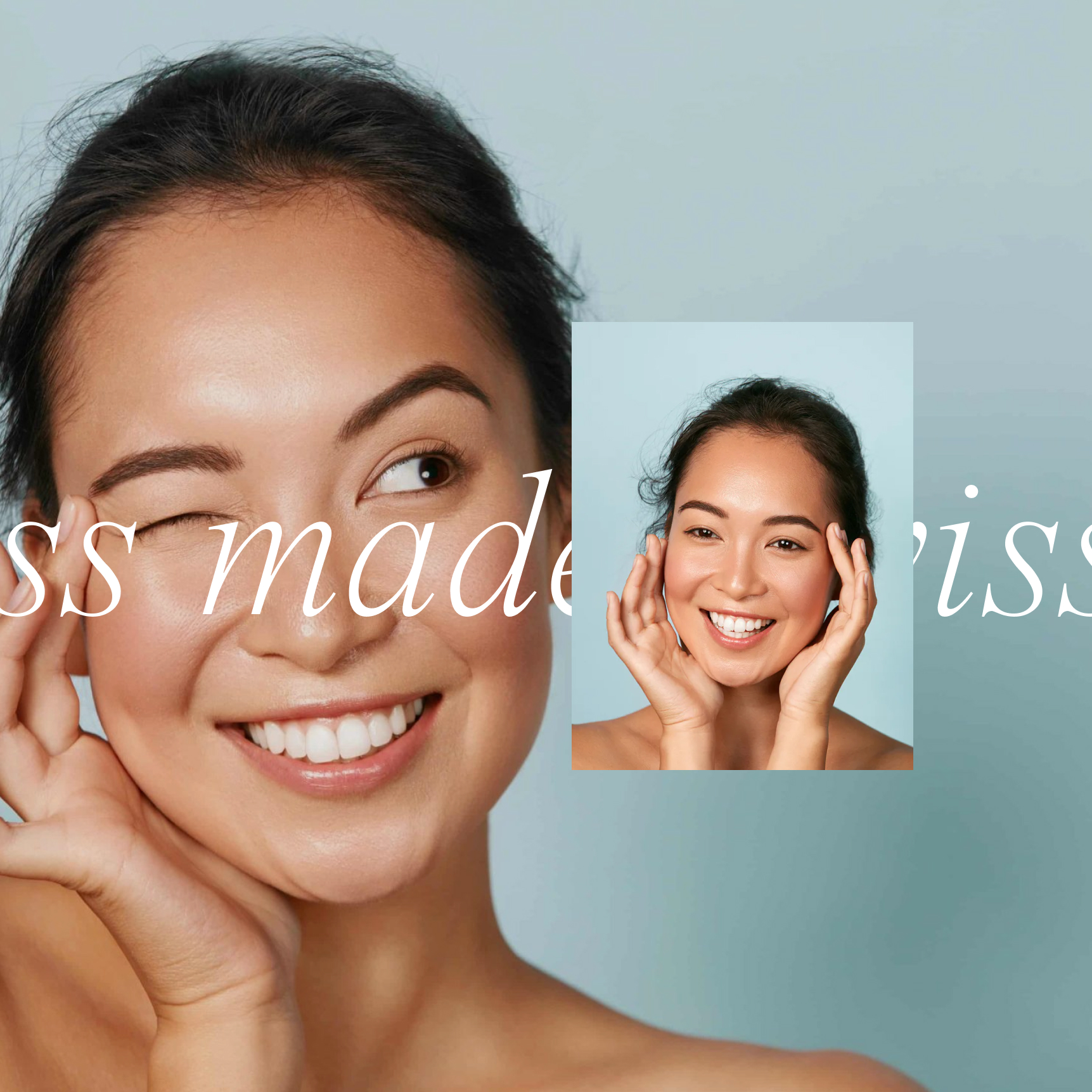 Smiling woman with clear skin posing with one eye winking and hands near face against a light blue background.