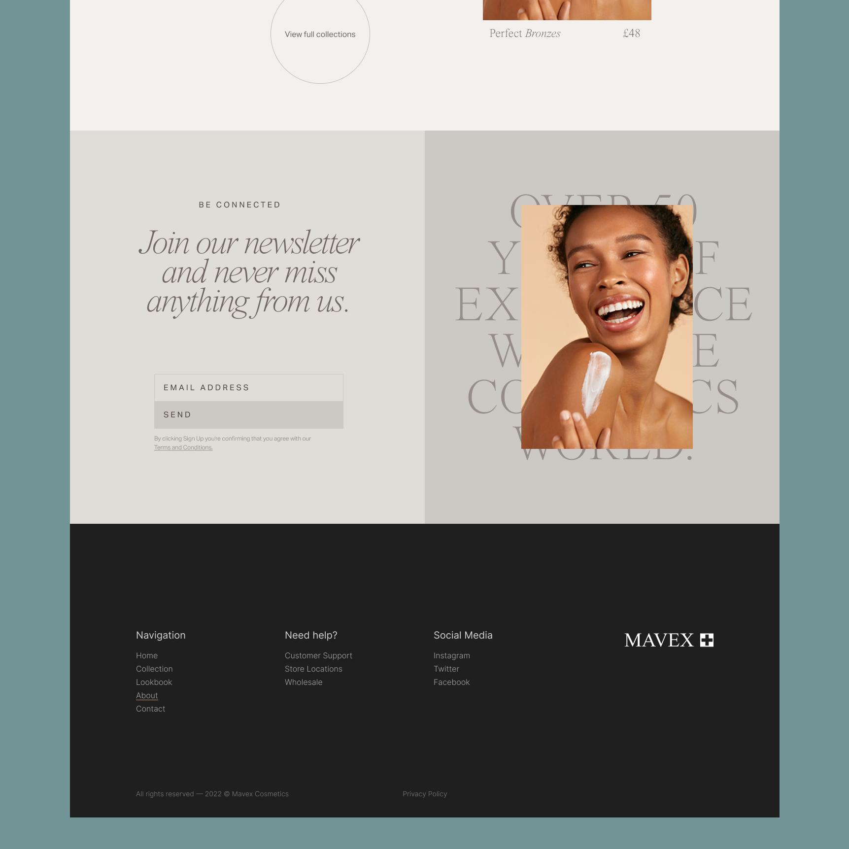 Smiling woman applying cream to her shoulder next to a newsletter signup prompt on a light background.