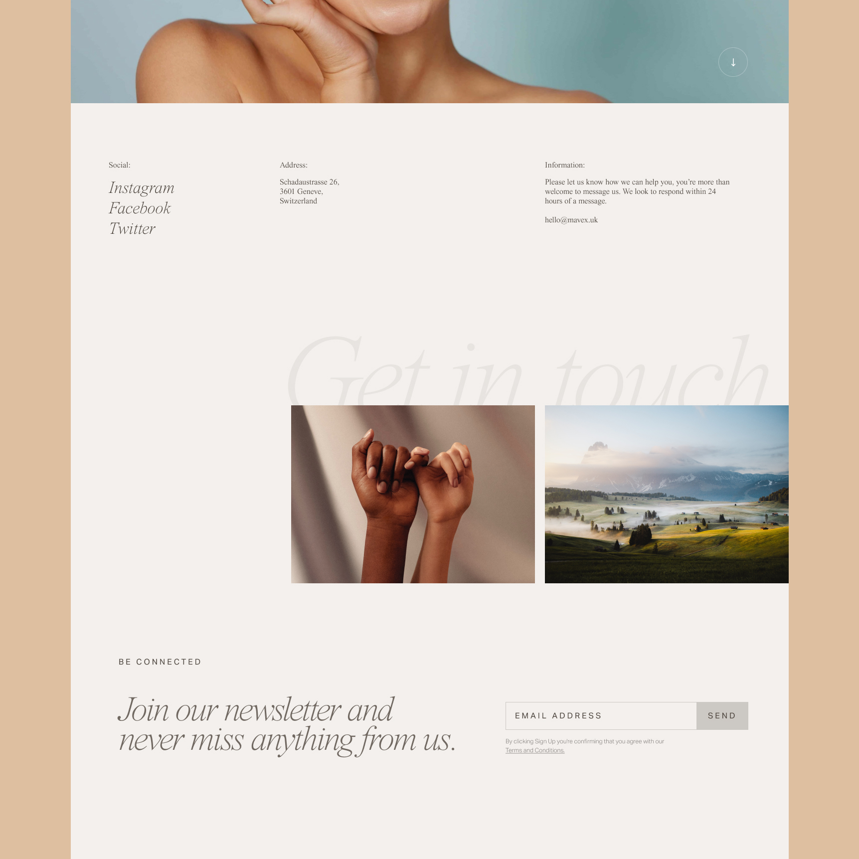 Website footer with social media links, contact address in Switzerland, email info, two images of hands linking pinkies and misty mountain landscape, and newsletter signup form.