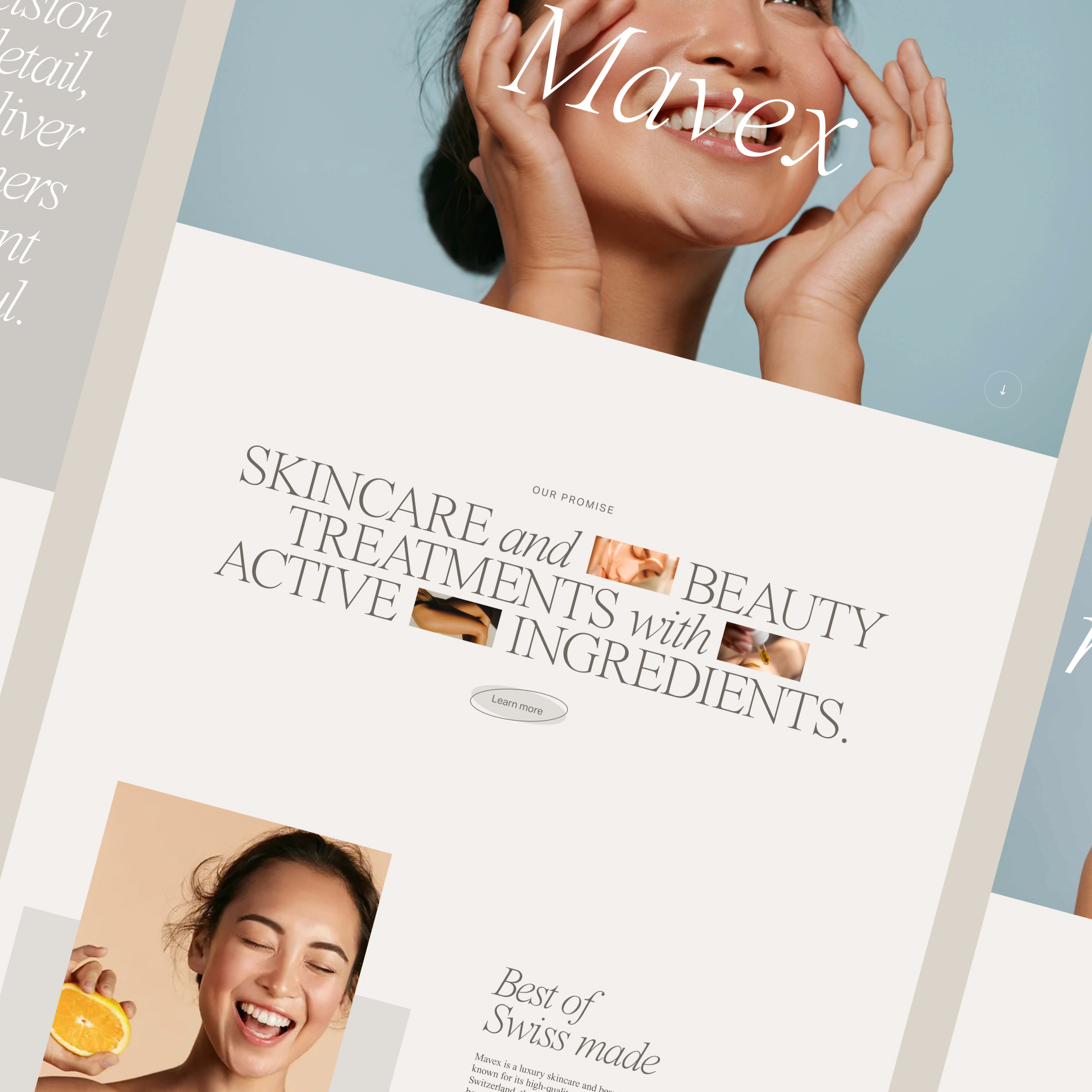 Advertising layout with smiling woman holding an orange slice and text about skincare and beauty treatments using active ingredients.