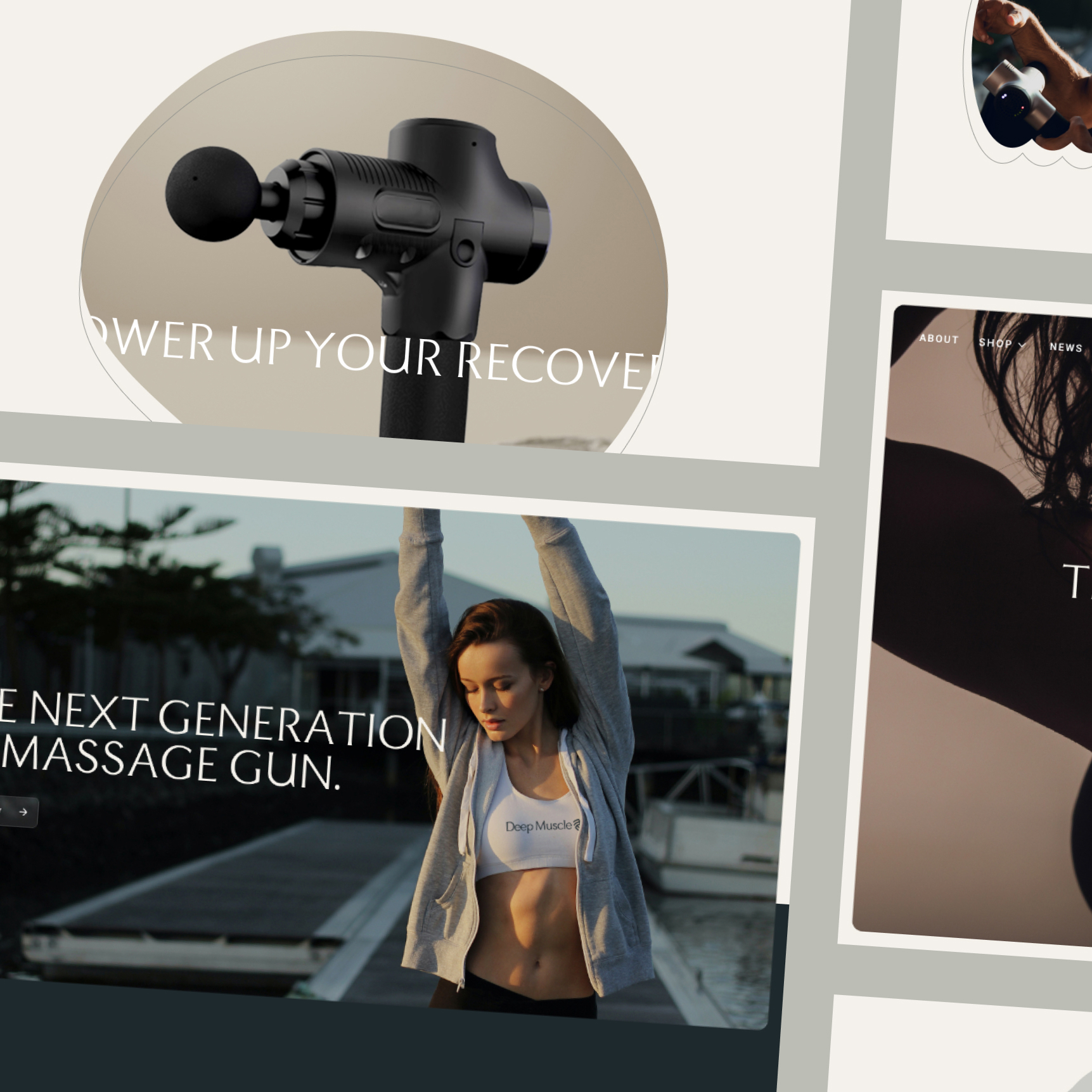 Woman in workout attire stretching with arms raised near a dock at sunset.