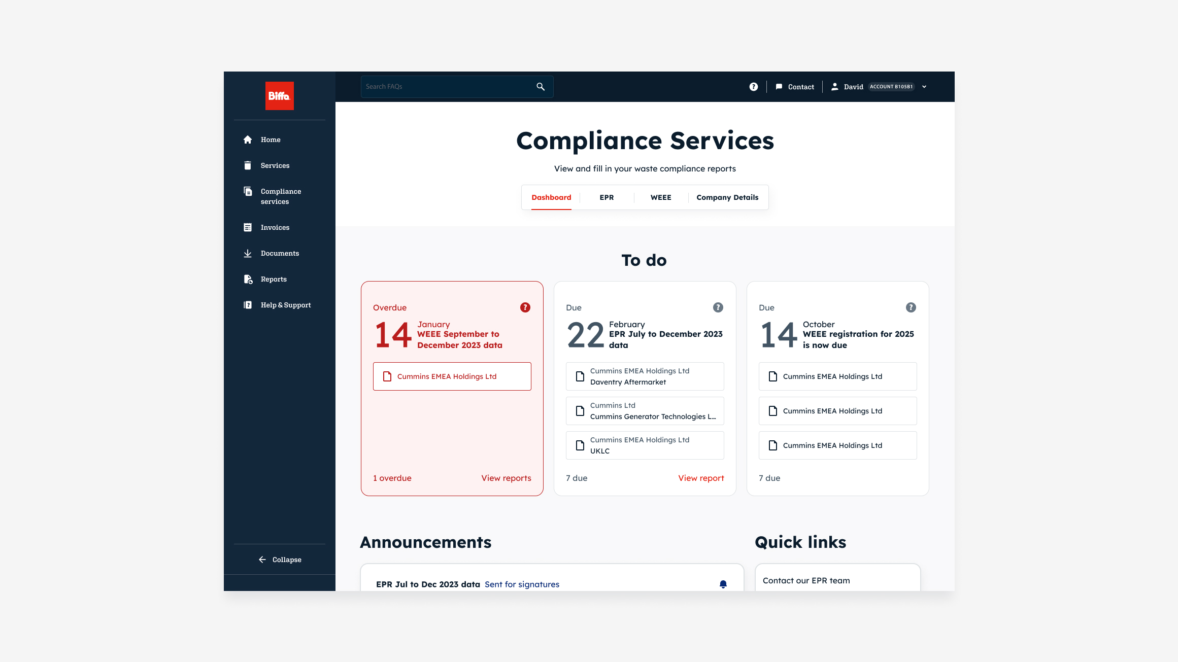 A screenshot of the Biffa platform compliance services dashboard