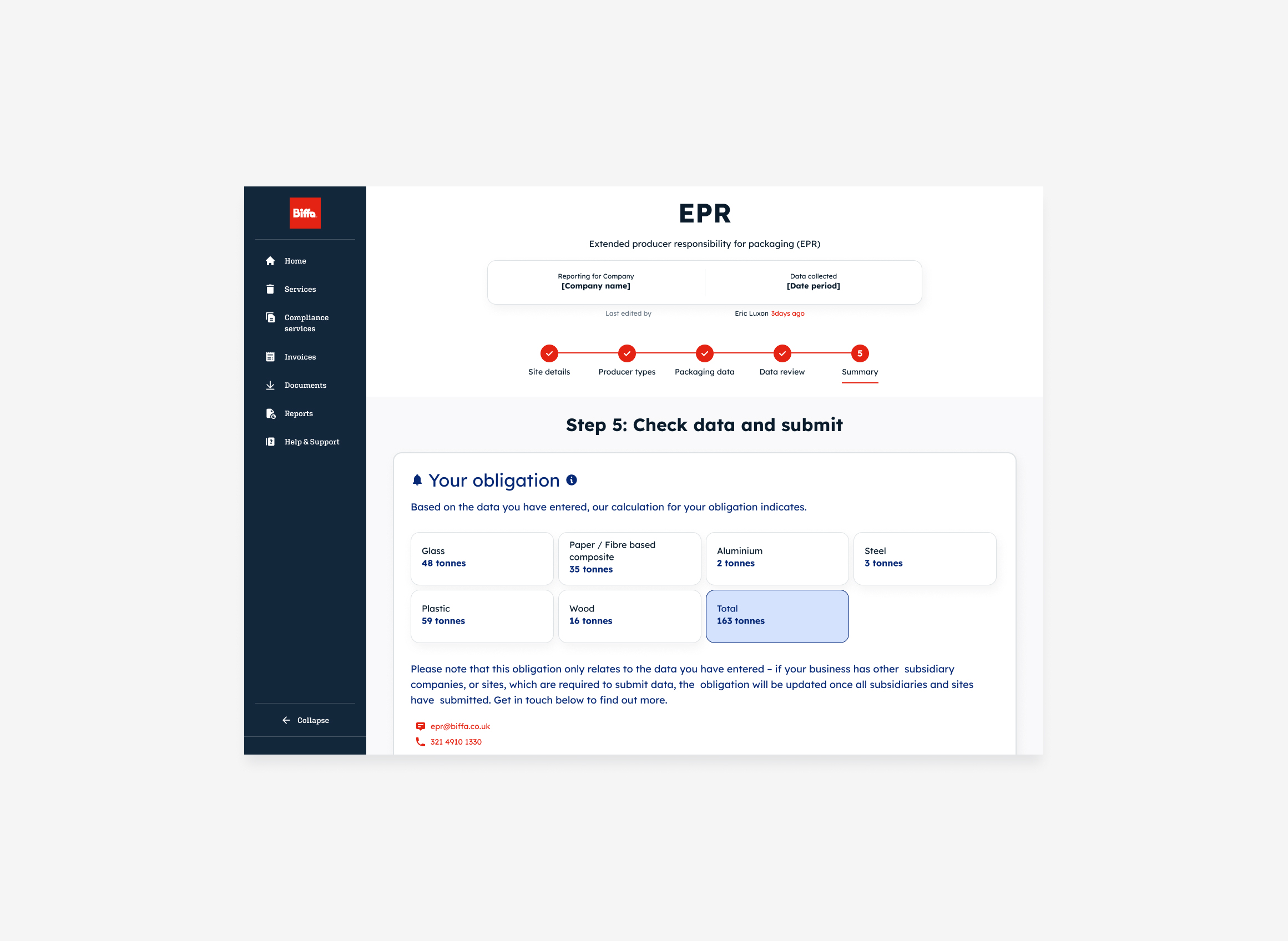 A screenshot of the Biffa platform of the EPR journey