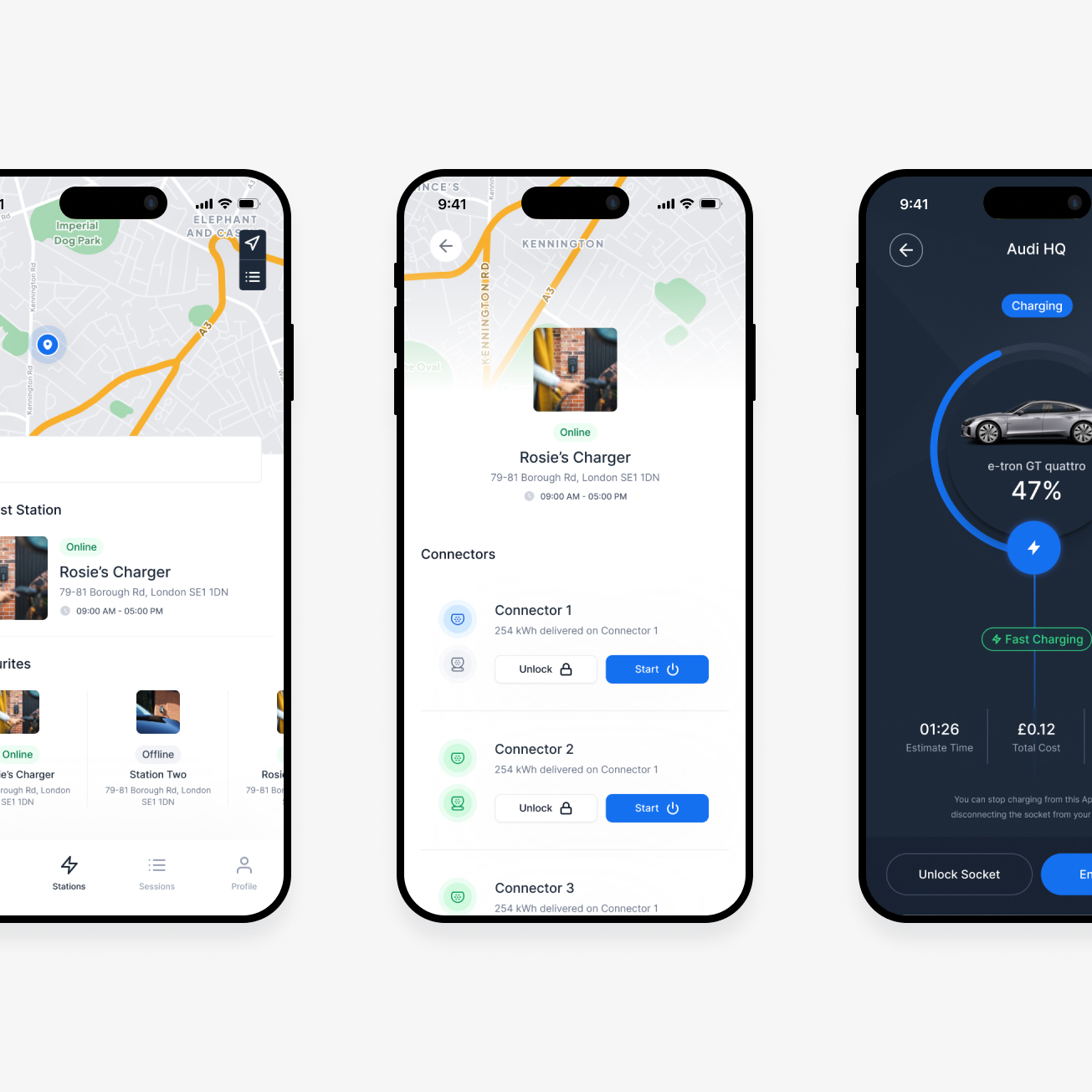 Three smartphone screens showing an electric vehicle charging app with maps, charger details, connector options, and charging status at 47% for an Audi e-tron GT quattro.