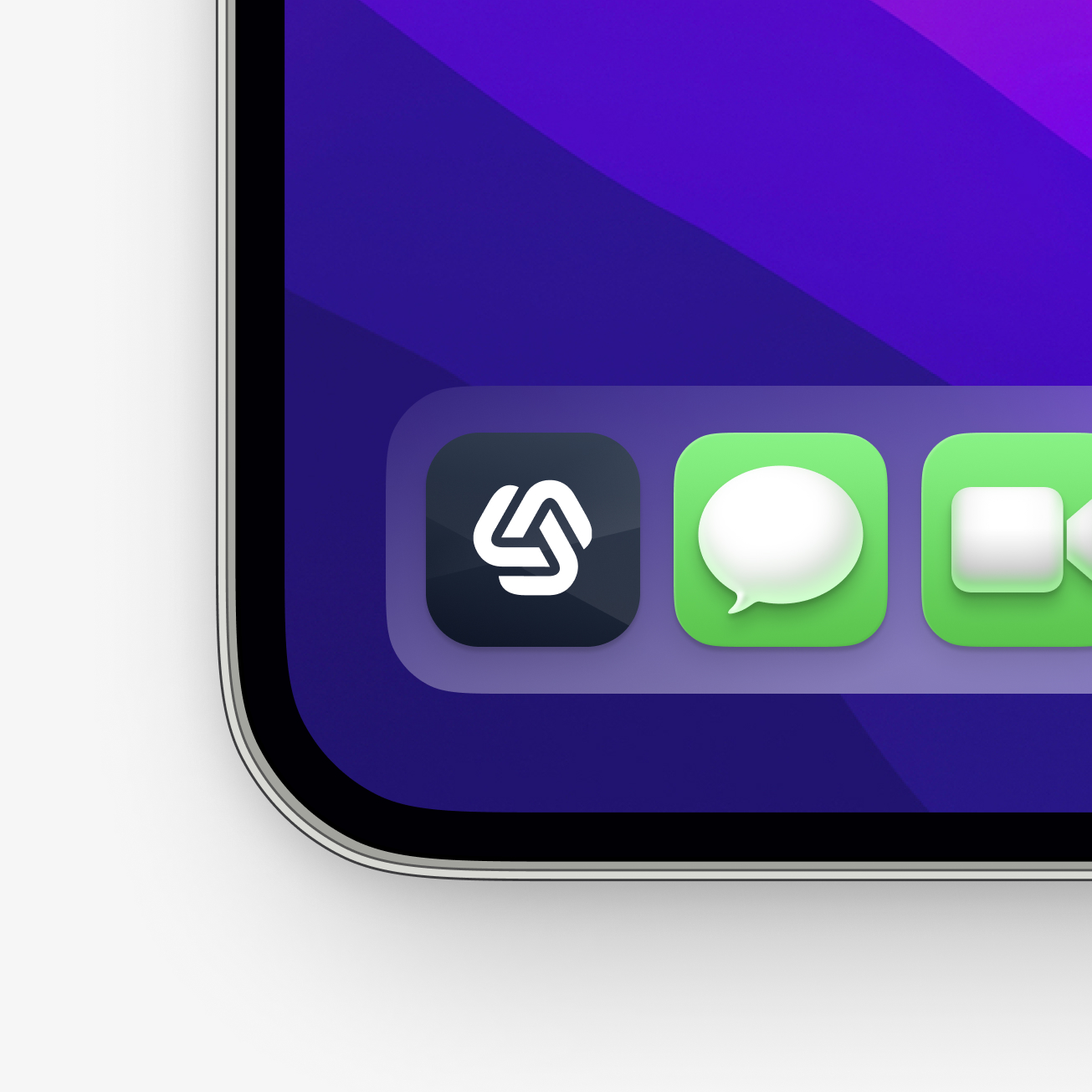 Close-up of a smartphone screen corner showing a dock with a black app icon featuring interconnected white lines next to green messaging and video call app icons.