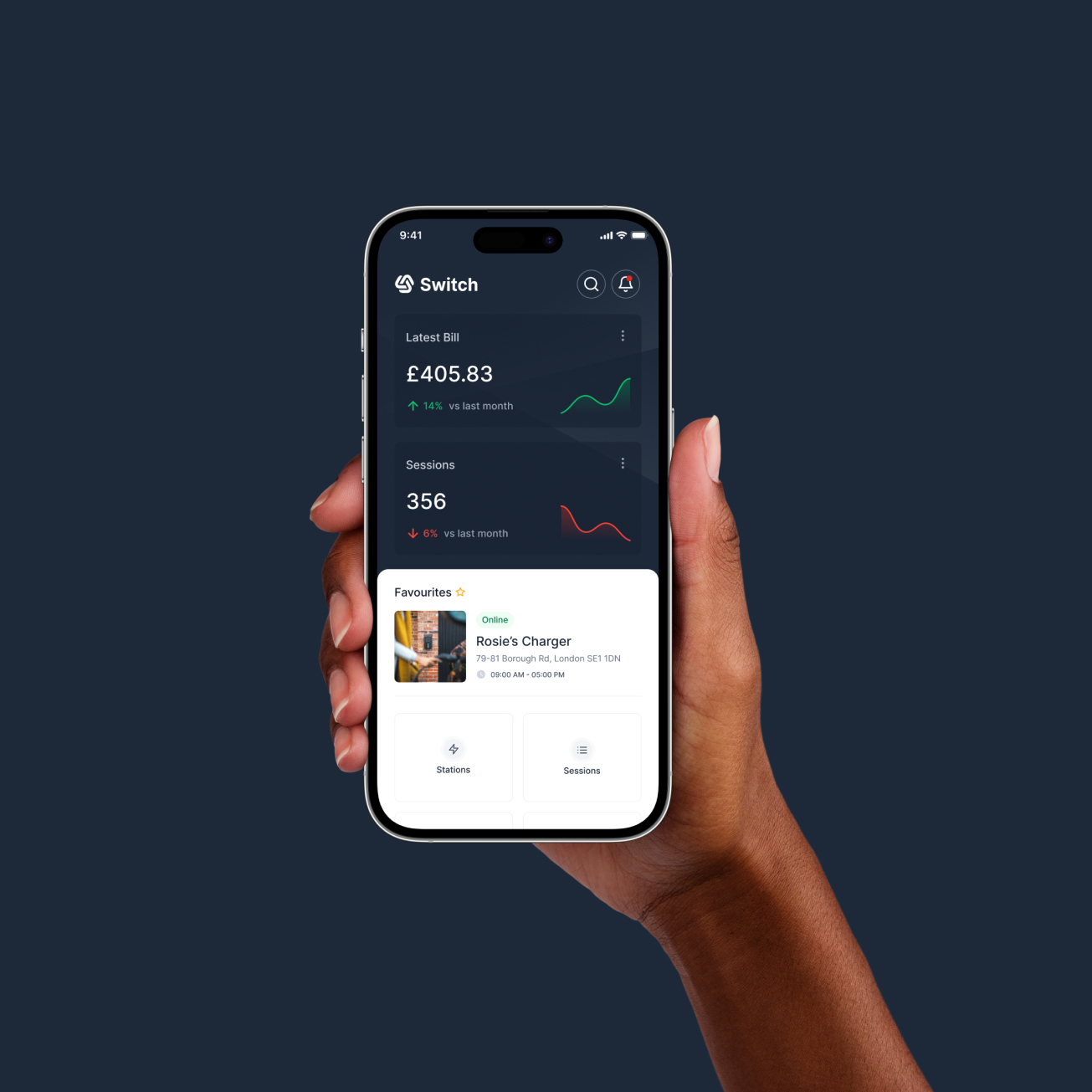 Hand holding a smartphone displaying the Switch app with latest bill of £405.83, 356 sessions, and a favorite charger location in London.