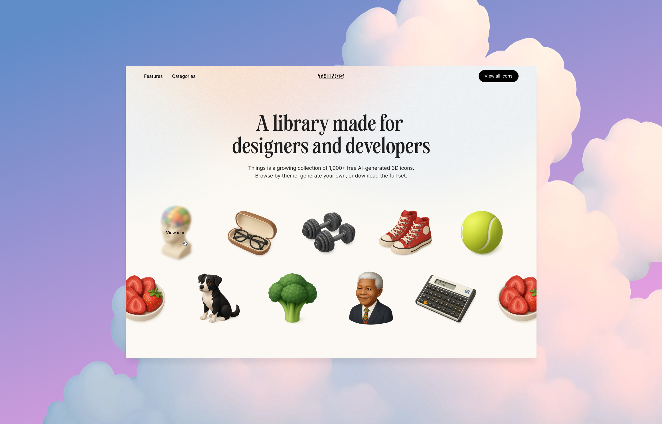 Website homepage for Thiings showing free AI-generated 3D icons including a globe, glasses in a case, dumbbells, red sneakers, tennis ball, strawberries, a dog, broccoli, a man's bust, and a calculator.