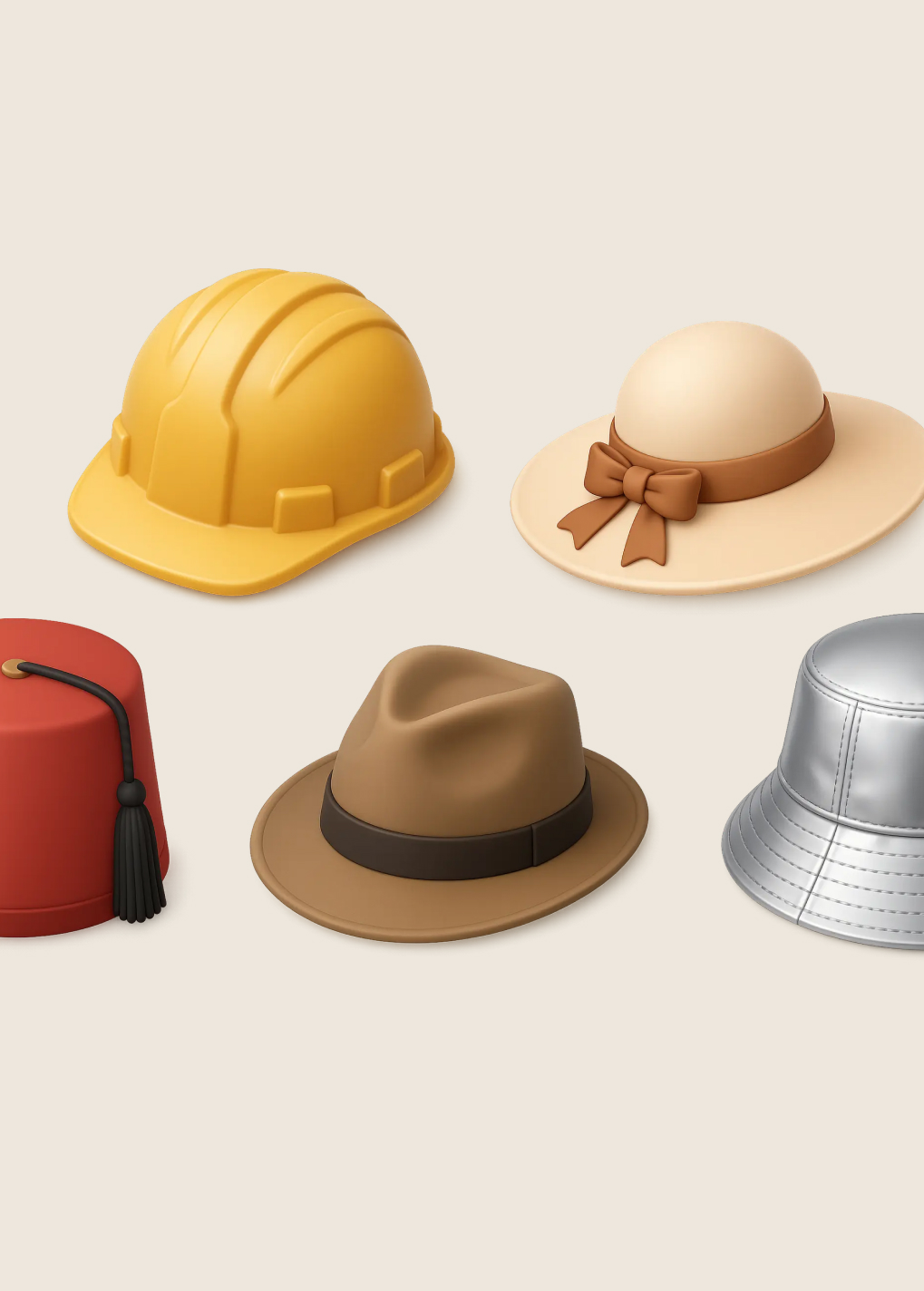 Five different hats including a yellow construction helmet, beige sun hat with bow, red fez with tassel, brown fedora, and silver bucket hat on a light background.