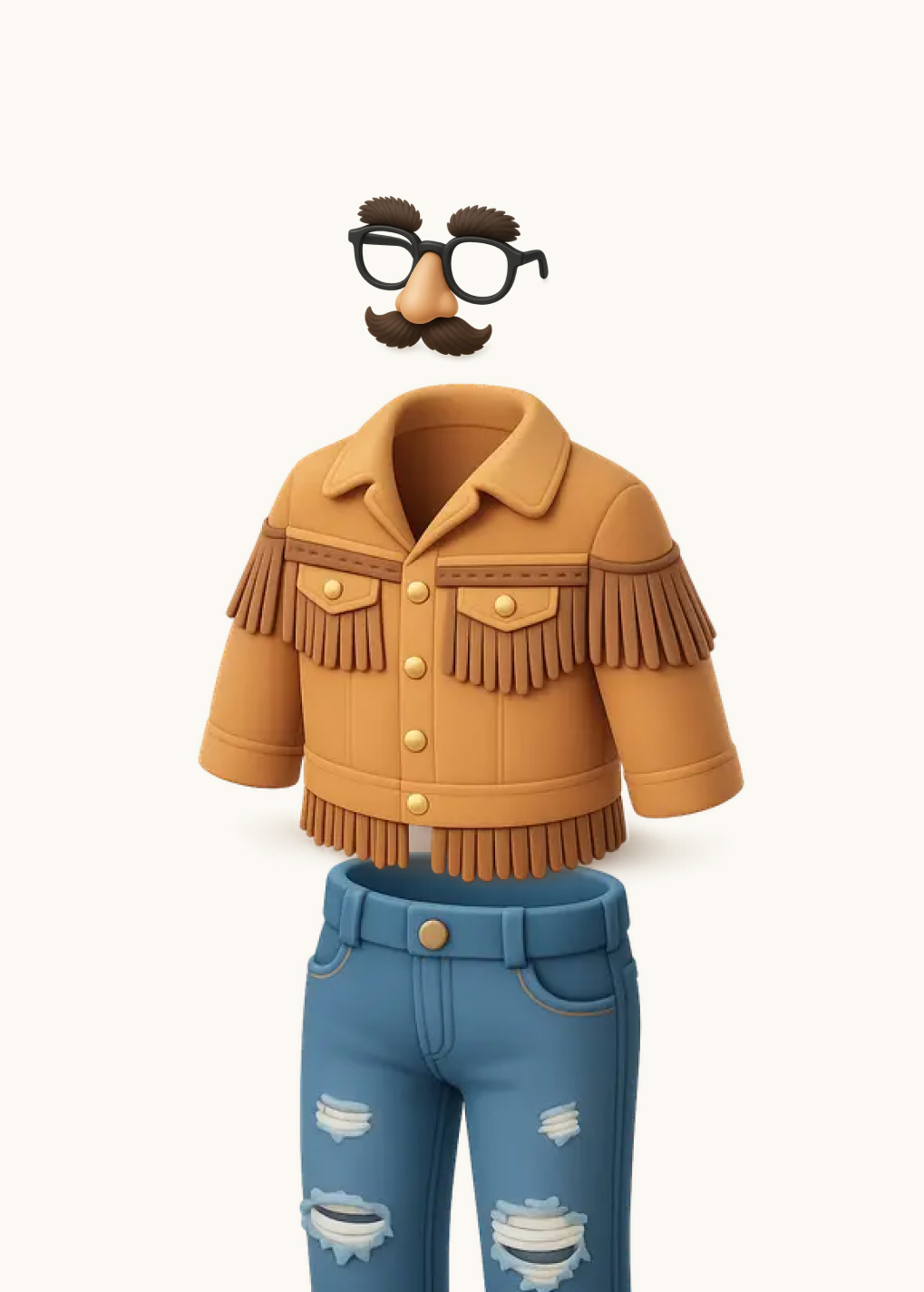 Cartoon outfit with brown fringed jacket, ripped blue jeans, and a floating face with glasses, bushy eyebrows, nose, and mustache on a white background.